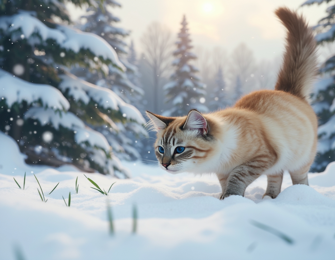 Cat explores a tranquil snowy landscape, its fur dusted with snowflakes as it observes the serene winter forest, bathed in the soft glow of the setting sun.


